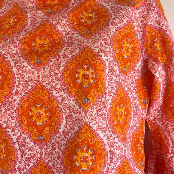 Elizabeth Wilson Mandala Floral Print Top XS Orange Pink White Ruffle Collar - Picture 5 of 11